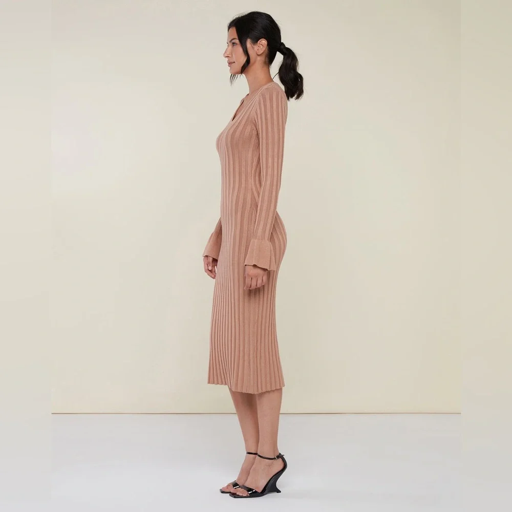 Rachel Parcell Wide Rib Midi Sweater Dress Flounce Sleeve Fitted Camel Sz S - Picture 2 of 12